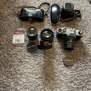 Pentax Silver and Black Film SLR Camera with Lenses and Cases